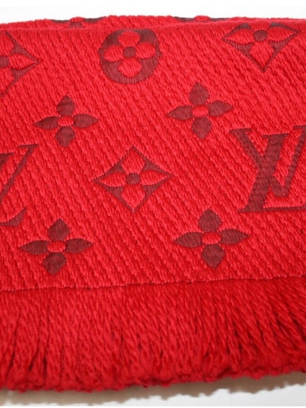 Louis Vuitton Bright Red Monogram Fringe Scarf